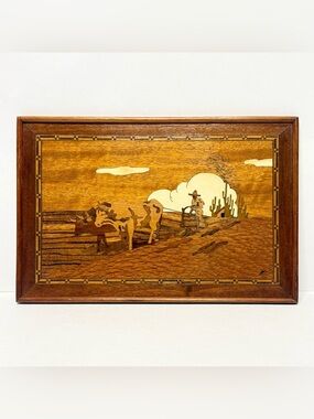 Vintage 1940s Jesús Salmón Large Mexican Marquetry Wood Plaque Art | Ox Desert